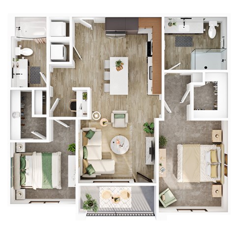 A top-down view of a modern, minimalist apartment layout.